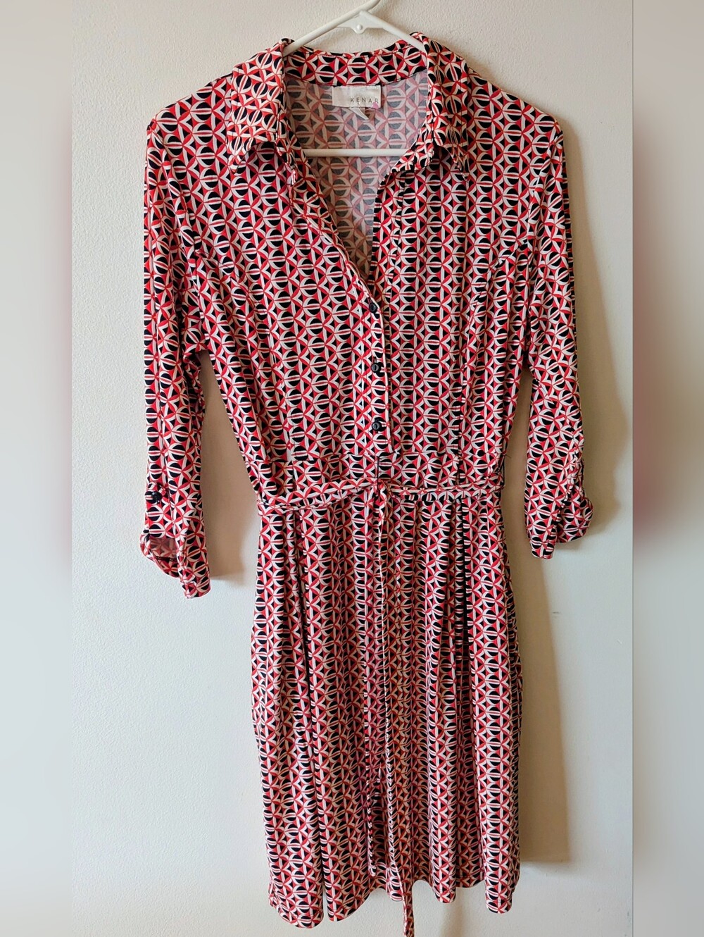 Kenar Casual Red & Black Geometric Shirt Dress Wrap Tie Side Pockets 10